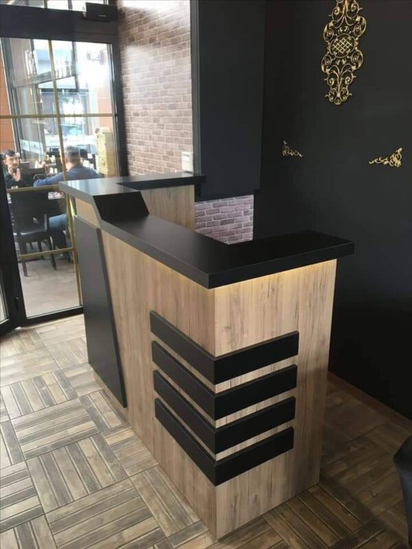 Light Wood and Black Laminate Reception Counter with Shelving