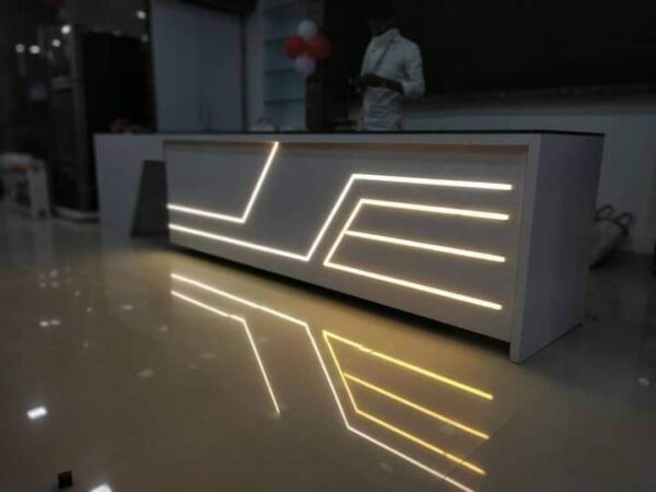 Dark Wood Laminate Reception Counter with LED Accents