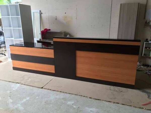 Walnut and Black Laminate Reception Desk with Cabinets