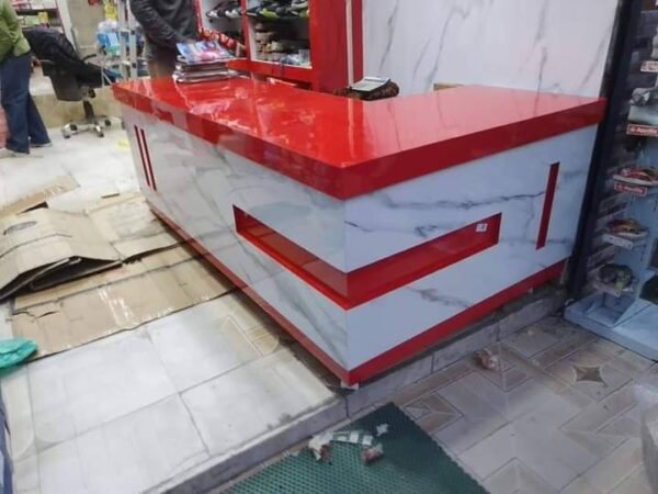 Dual colour Cherry and White Marble Laminate Reception Counter with Storage